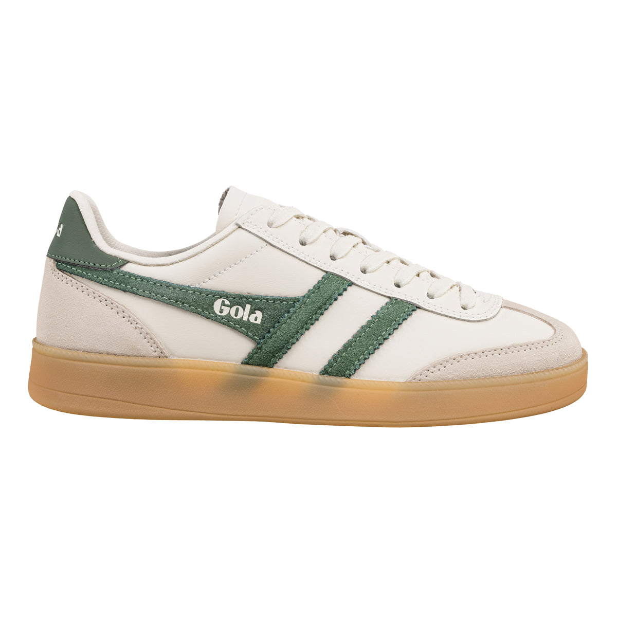 Gola Classics off-white trainer with green side stripes and gum sole
