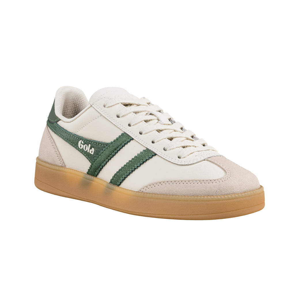 Off-white Gola trainer with green side stripes and a gum rubber sole