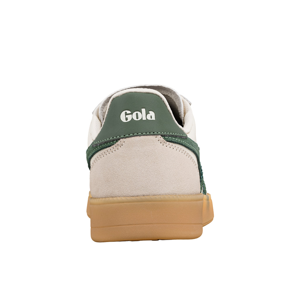Rear view of a cream and green Gola trainer with a gum sole