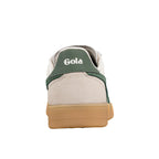 Rear view of a cream and green Gola trainer with a gum sole