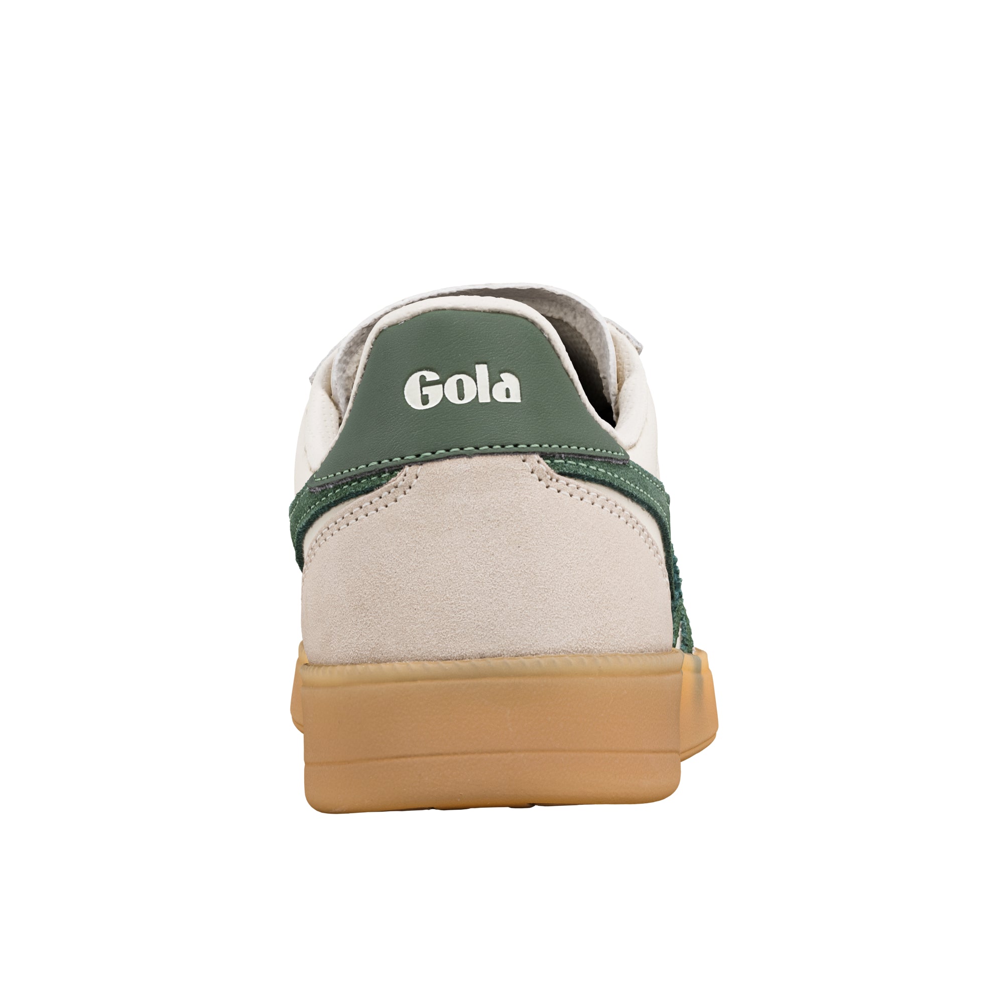 Rear view of a cream and green Gola trainer with a gum sole