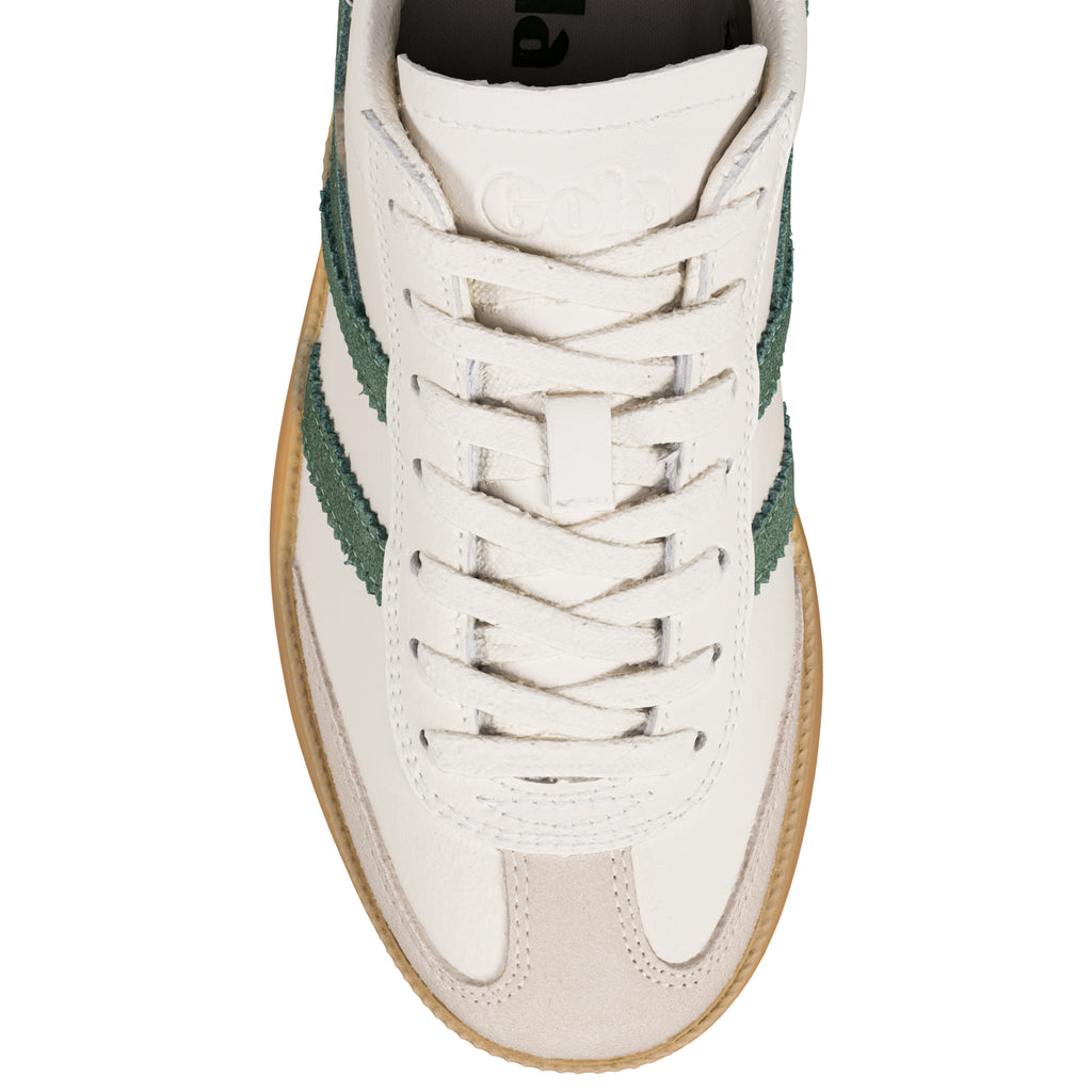 Off white leather trainer with green suede side stripes and gum sole
