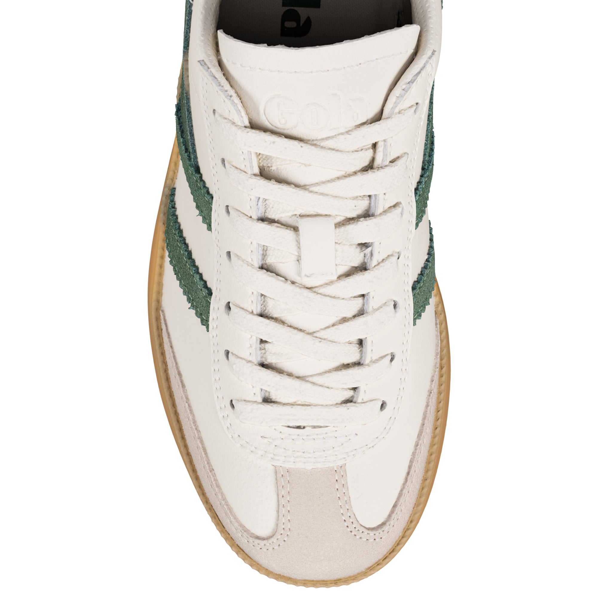 Off white leather trainer with green suede side stripes and gum sole