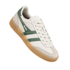 Off white Gola trainer with green side stripes and gum sole