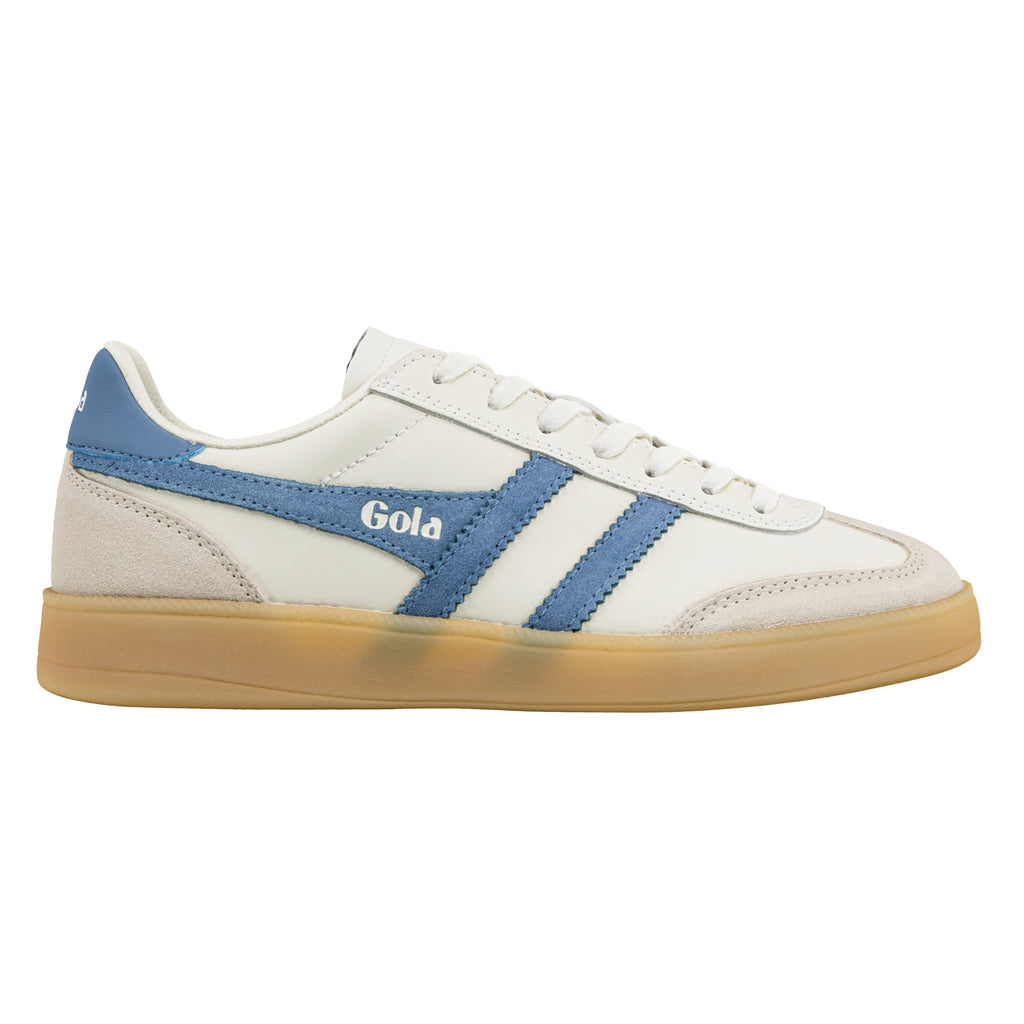Off white Gola trainer with blue side stripes and gum sole