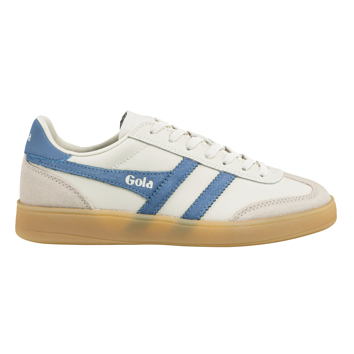 Gola Classics off-white trainer with blue side stripes and gum sole
