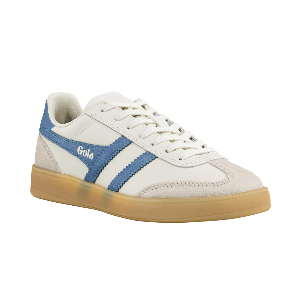 Off-white Gola trainer with blue side stripes and a gum sole