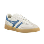 Off-white Gola trainer with blue side stripes and a gum sole