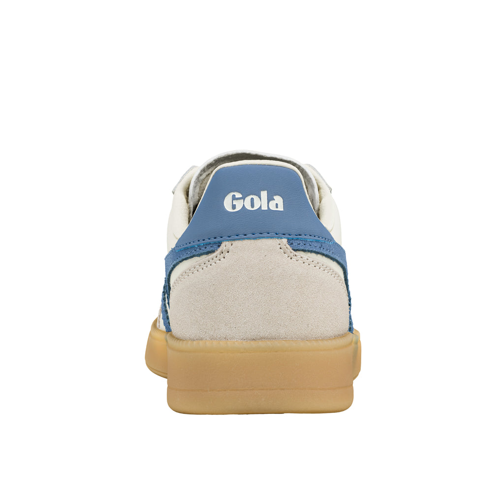 Rear view of a white and blue Gola trainer with a gum rubber sole