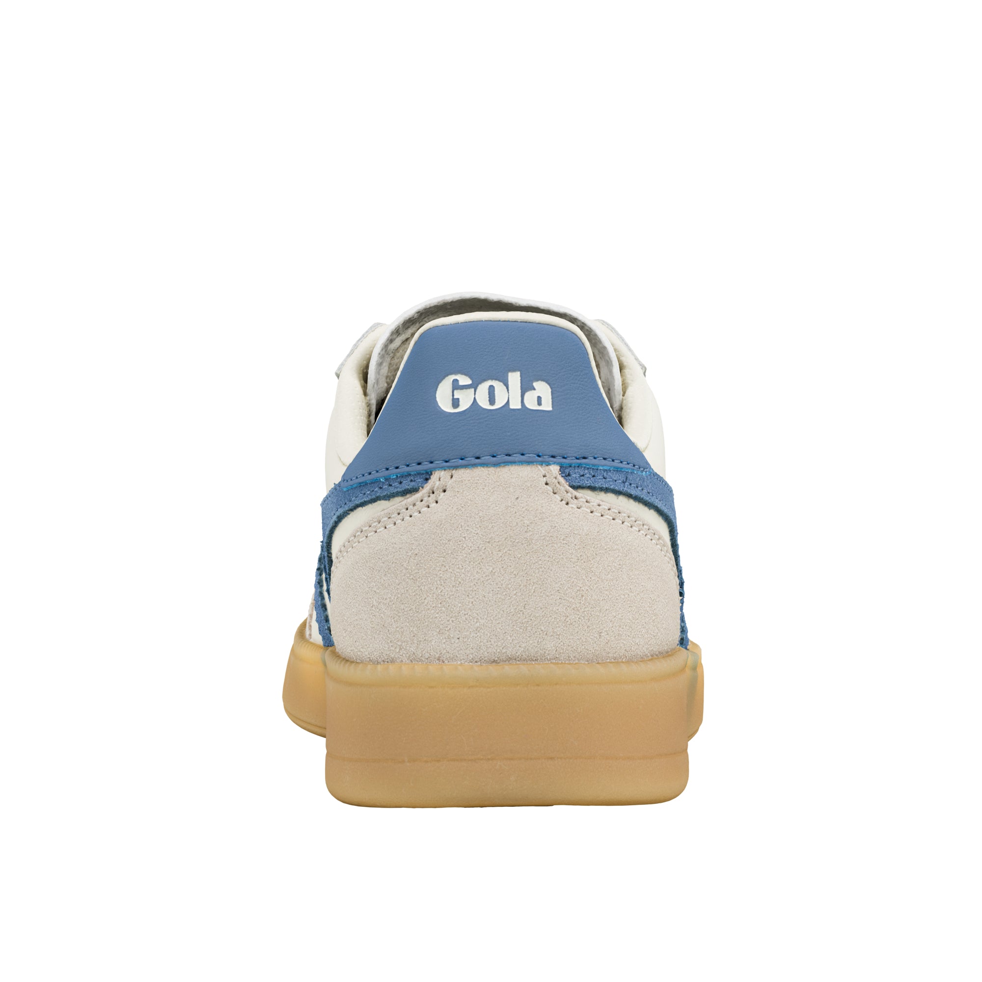 Rear view of a white and blue Gola trainer with a gum rubber sole