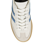 Off white leather trainer with blue suede side stripes and gum sole