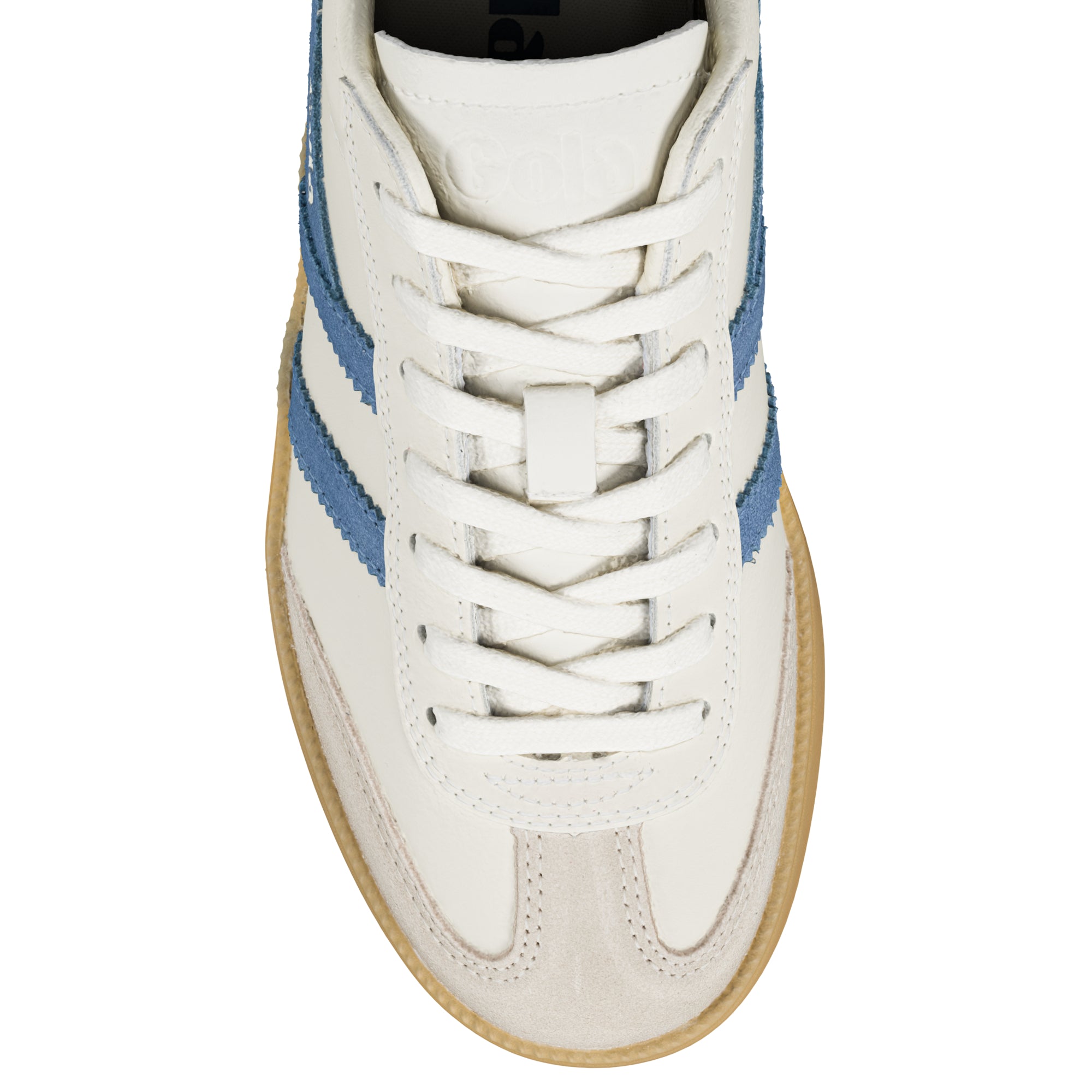 Off white leather trainer with blue suede side stripes and gum sole