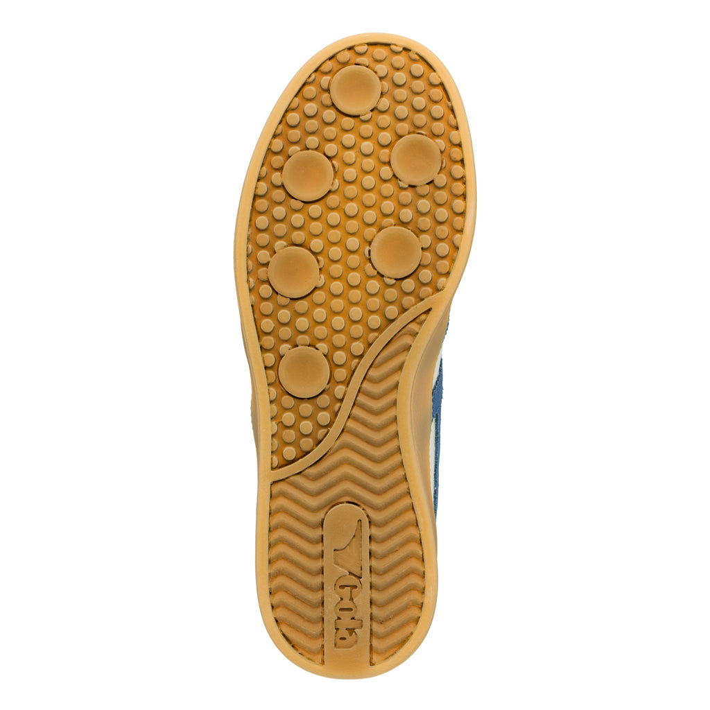 Tan rubber trainer sole with circular tread pattern and Gola branding