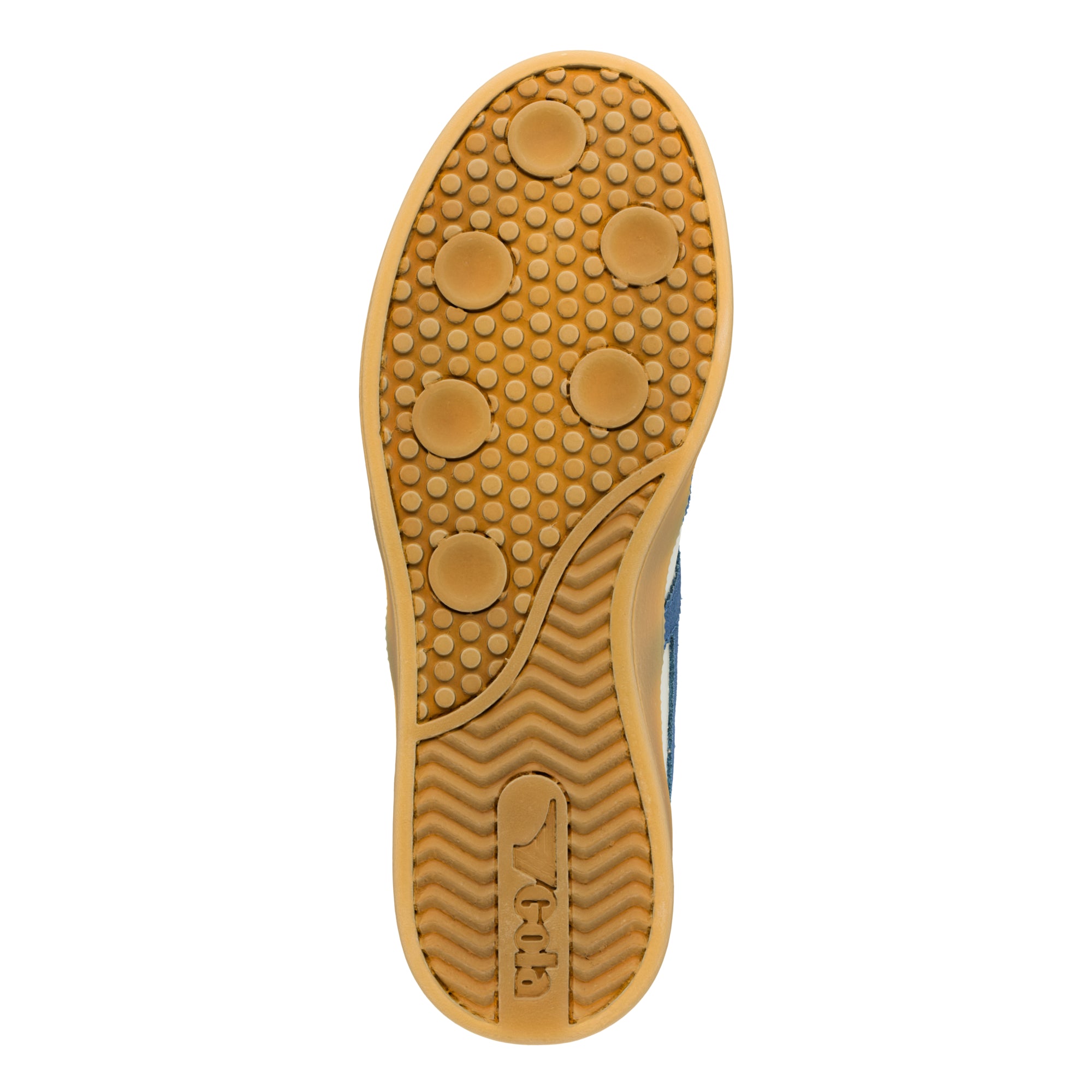 Tan rubber trainer sole with circular tread pattern and Gola branding