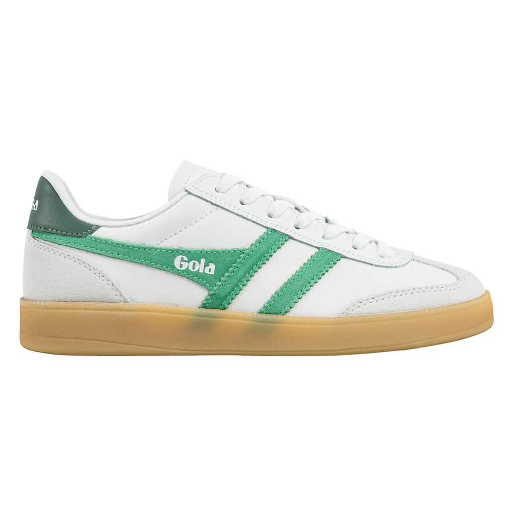 White leather trainer with green suede side stripes and a gum sole