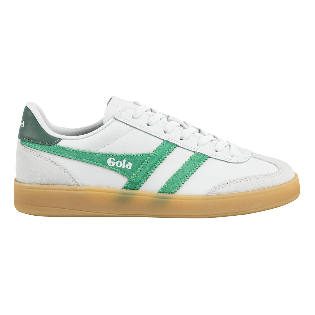 Gola Classics white leather trainer with green suede side stripes and gum sole