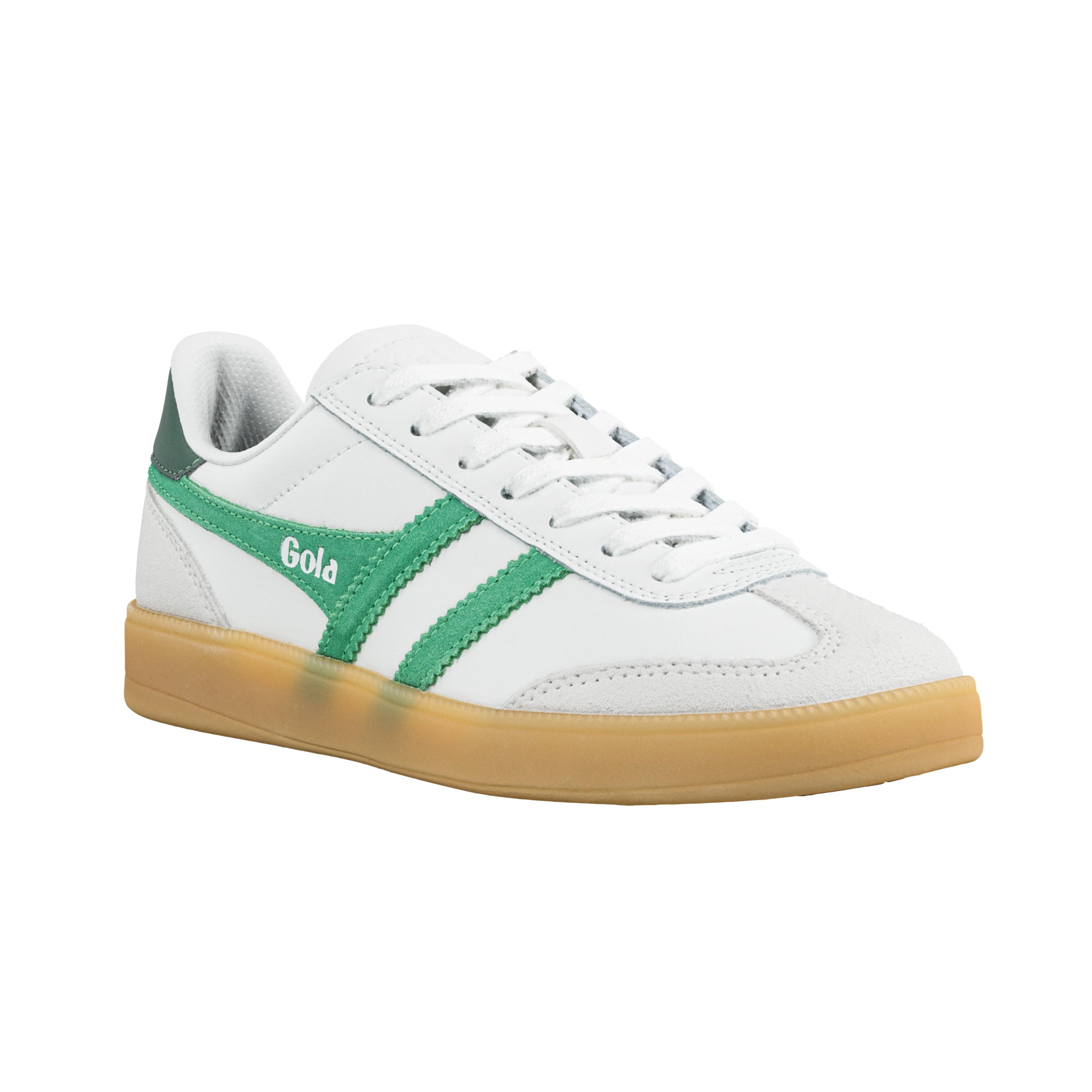 White leather Gola trainer with green suede side stripes and gum rubber sole