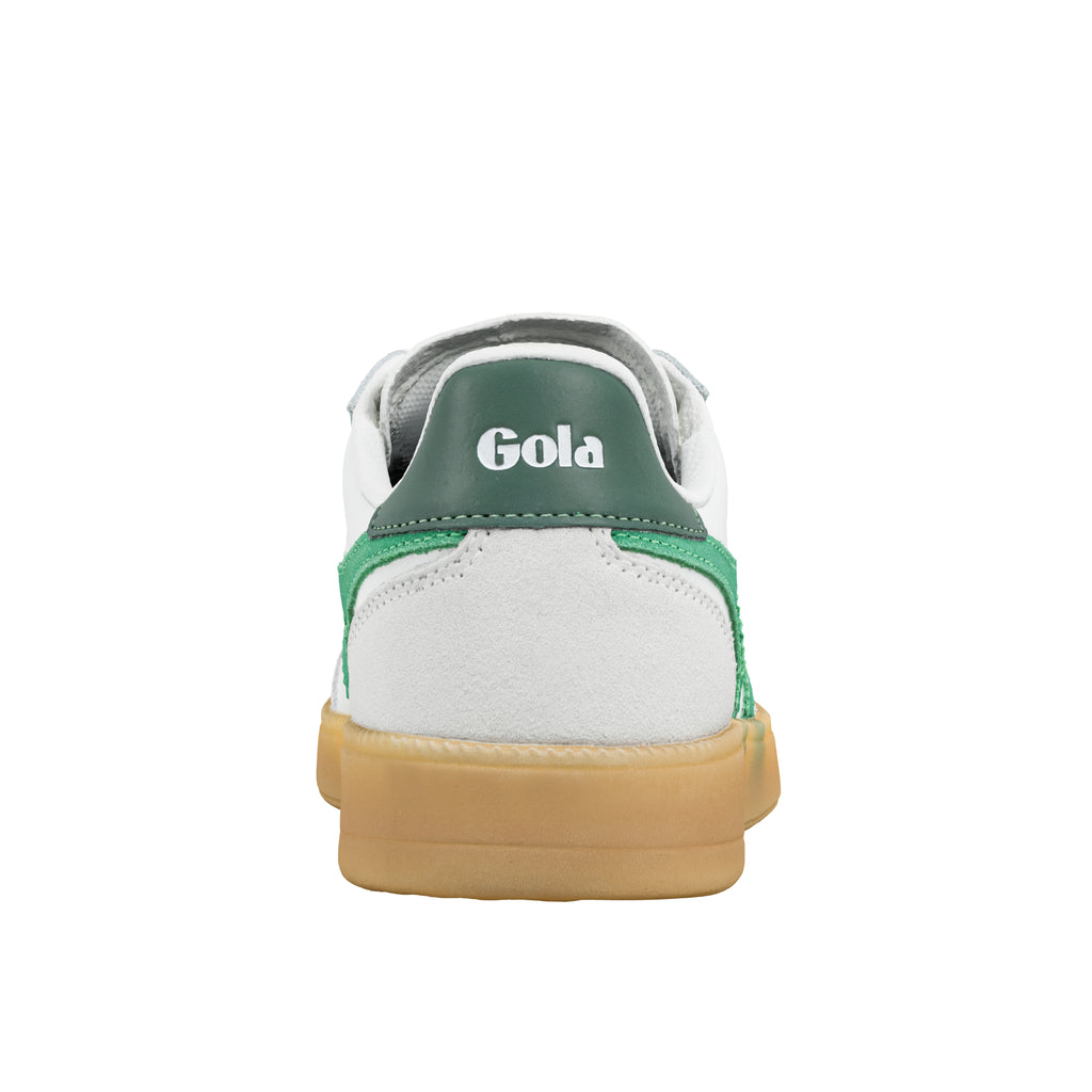 Rear view of a white and green Gola trainer with a gum rubber sole