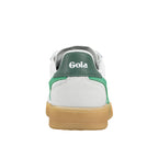 Rear view of a white and green Gola trainer with a gum rubber sole