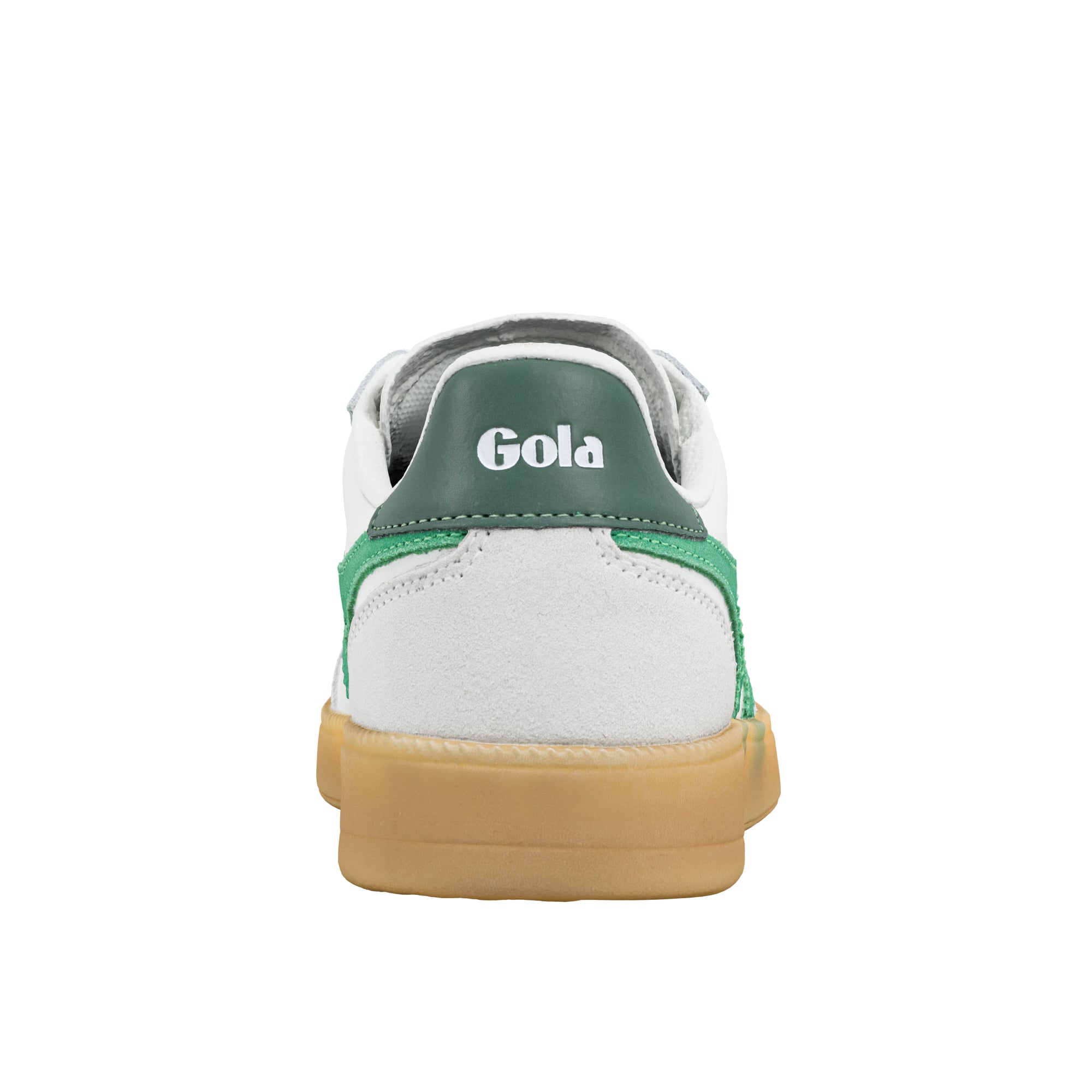 Rear view of a white and green Gola trainer with a gum rubber sole