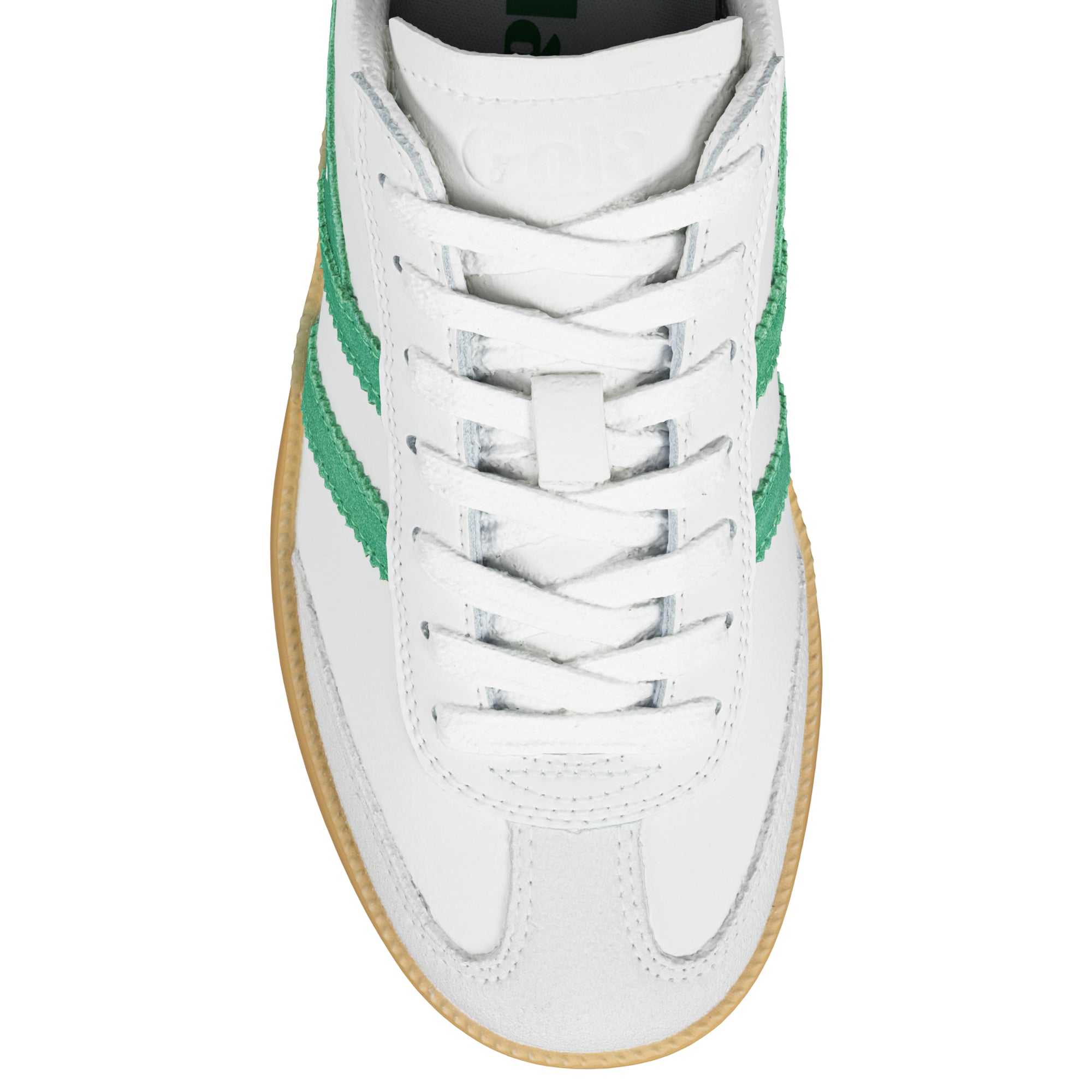 White leather trainer with green side stripes and gum sole