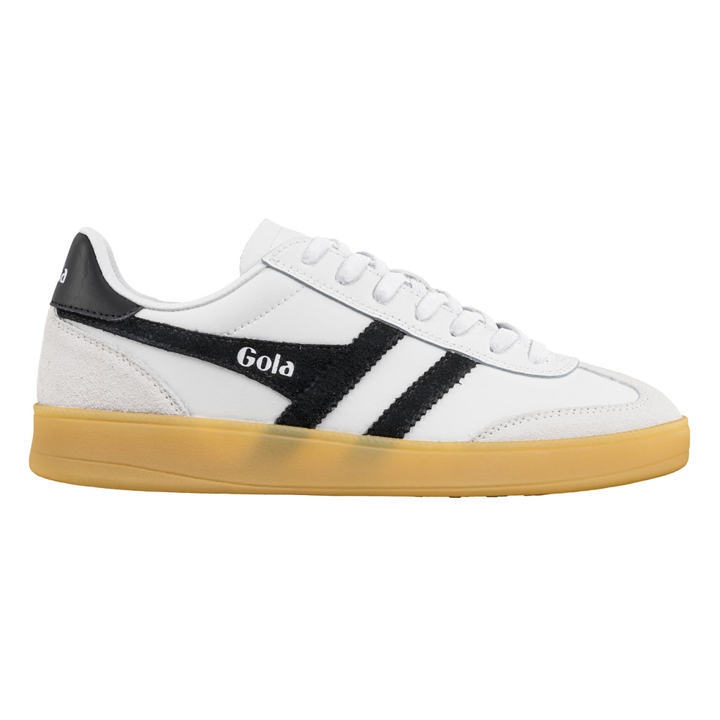 White Gola trainer with black side stripes and a gum sole