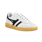 White Gola trainer with black side stripes and a gum sole