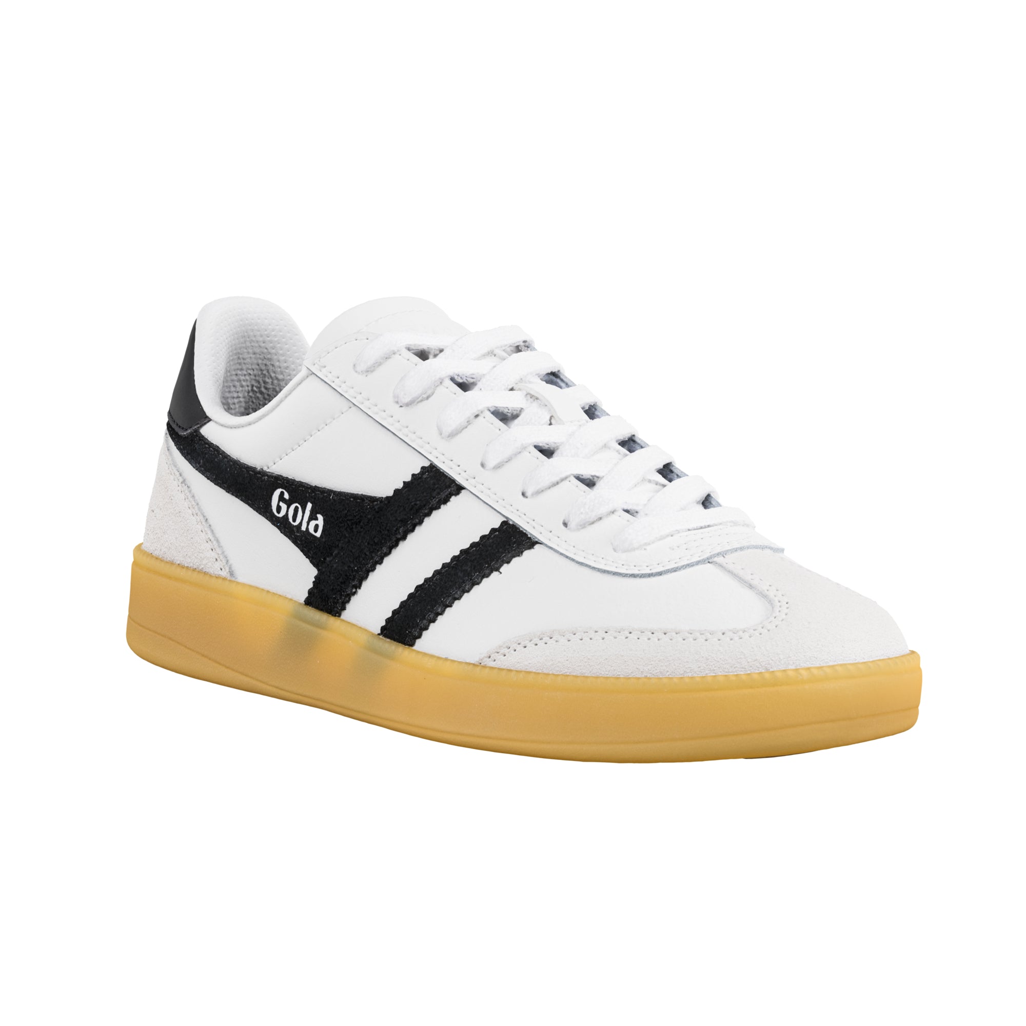 White Gola trainer with black side stripes and a gum sole