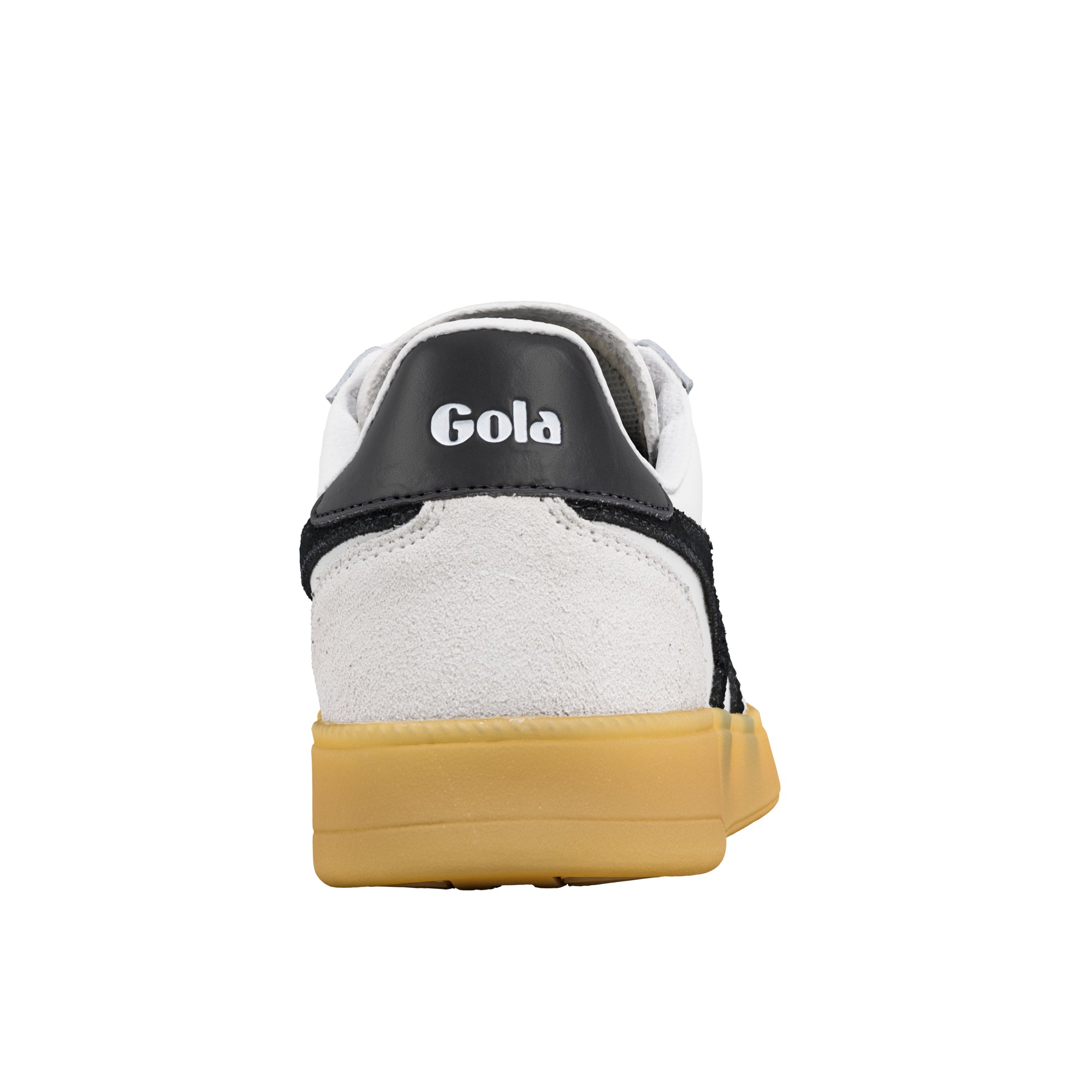 Rear view of a white and black Gola trainer with a gum sole