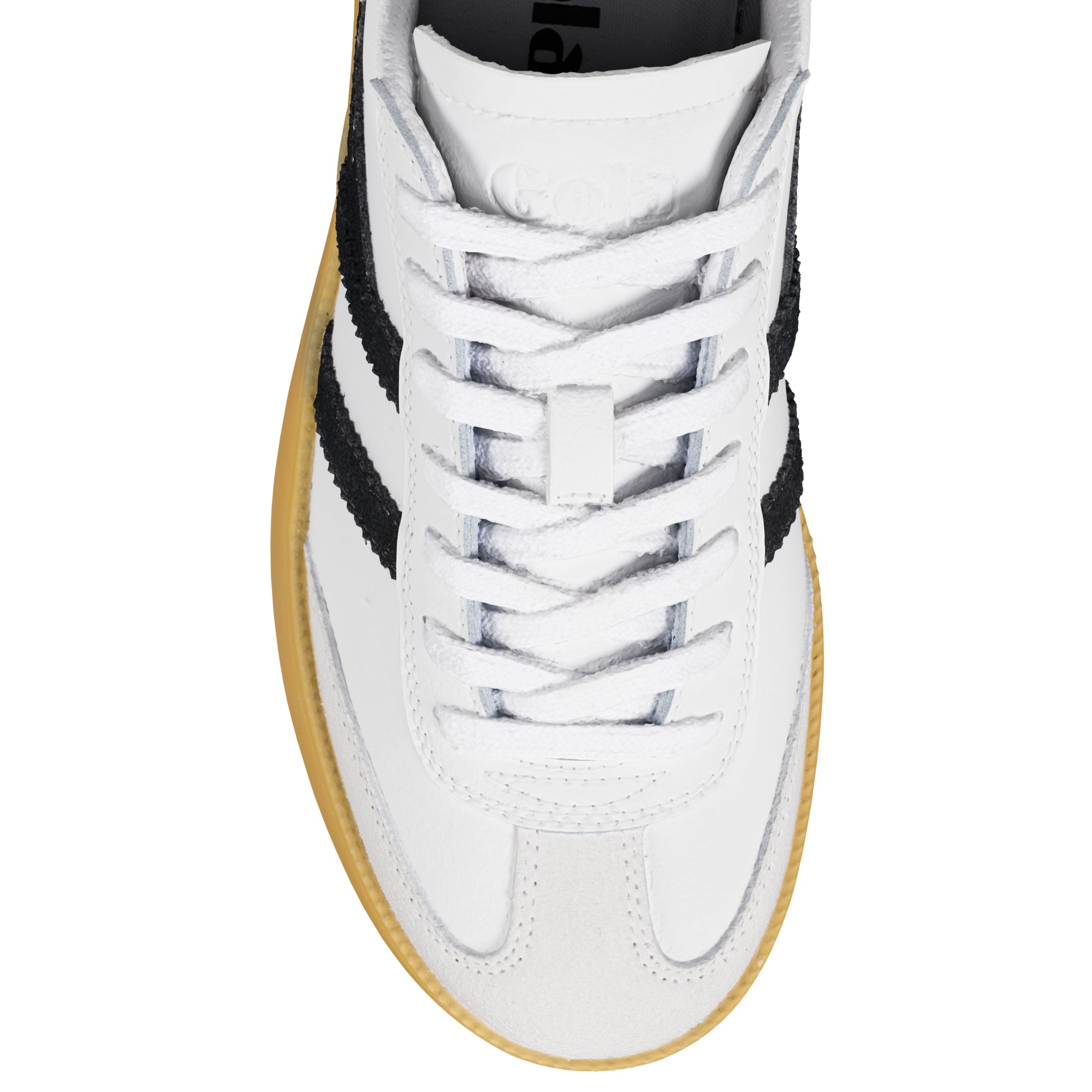 White leather trainer with black side stripes and gum sole