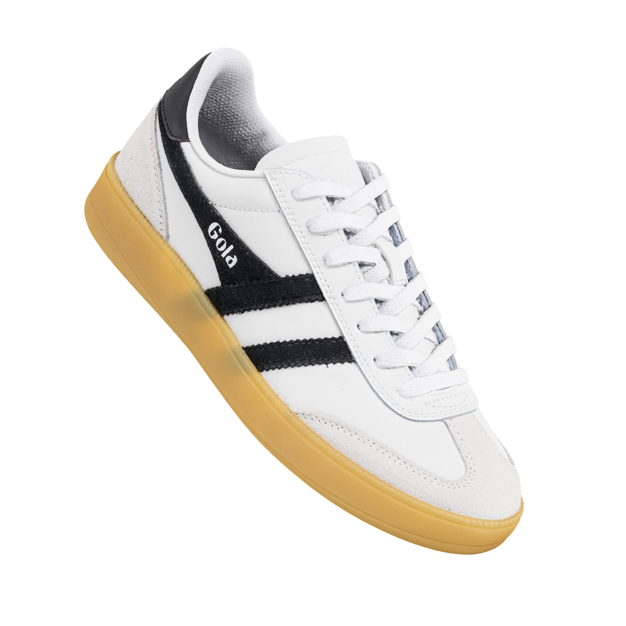 White Gola trainer with black side stripes and a gum rubber sole