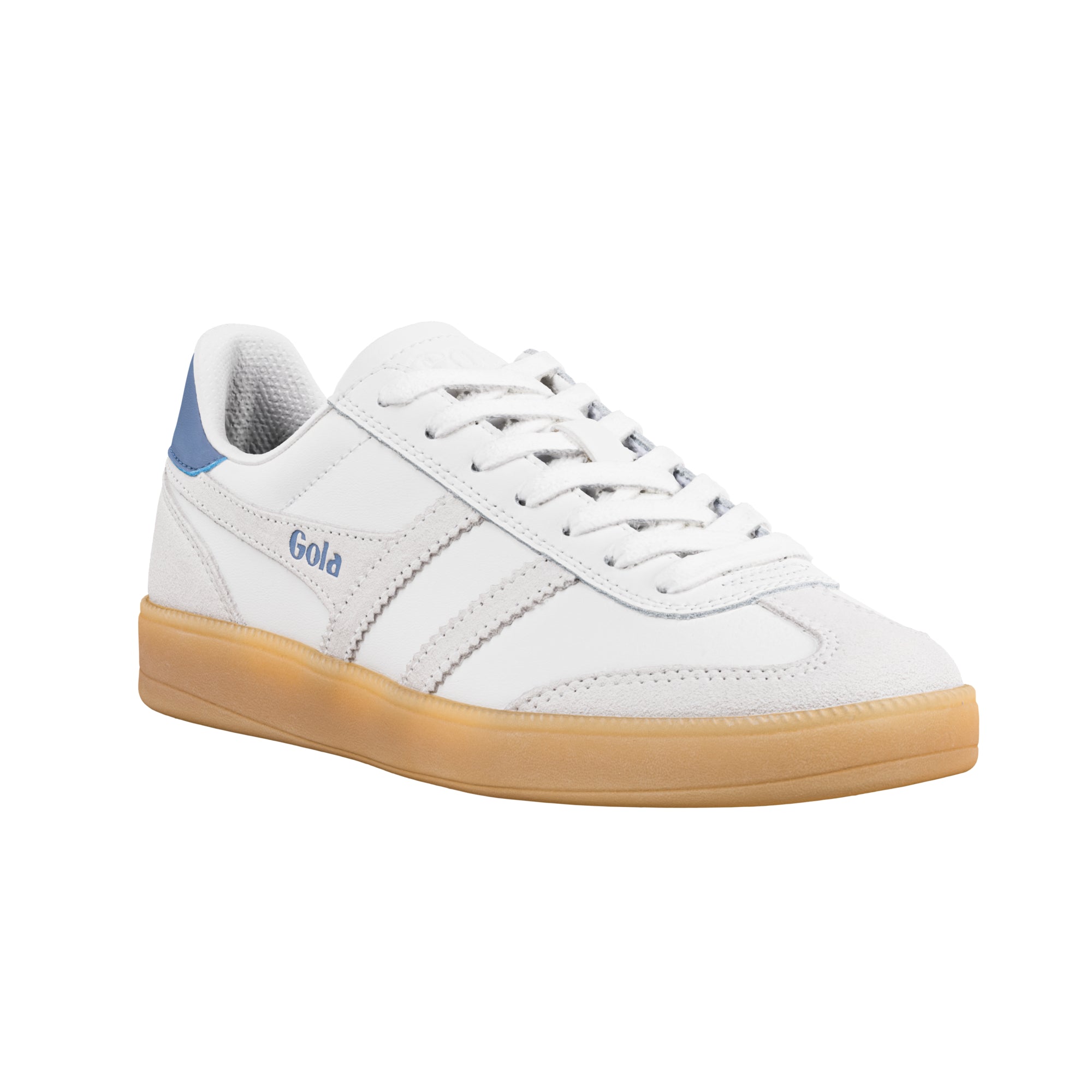 White Gola trainer with blue heel tab and gum sole