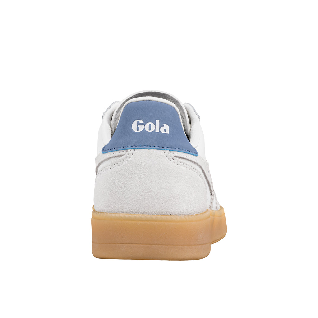Rear view of white Gola trainer with blue heel tab and gum sole