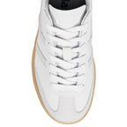 Top view of a white leather trainer with a gum sole and lace up fastening