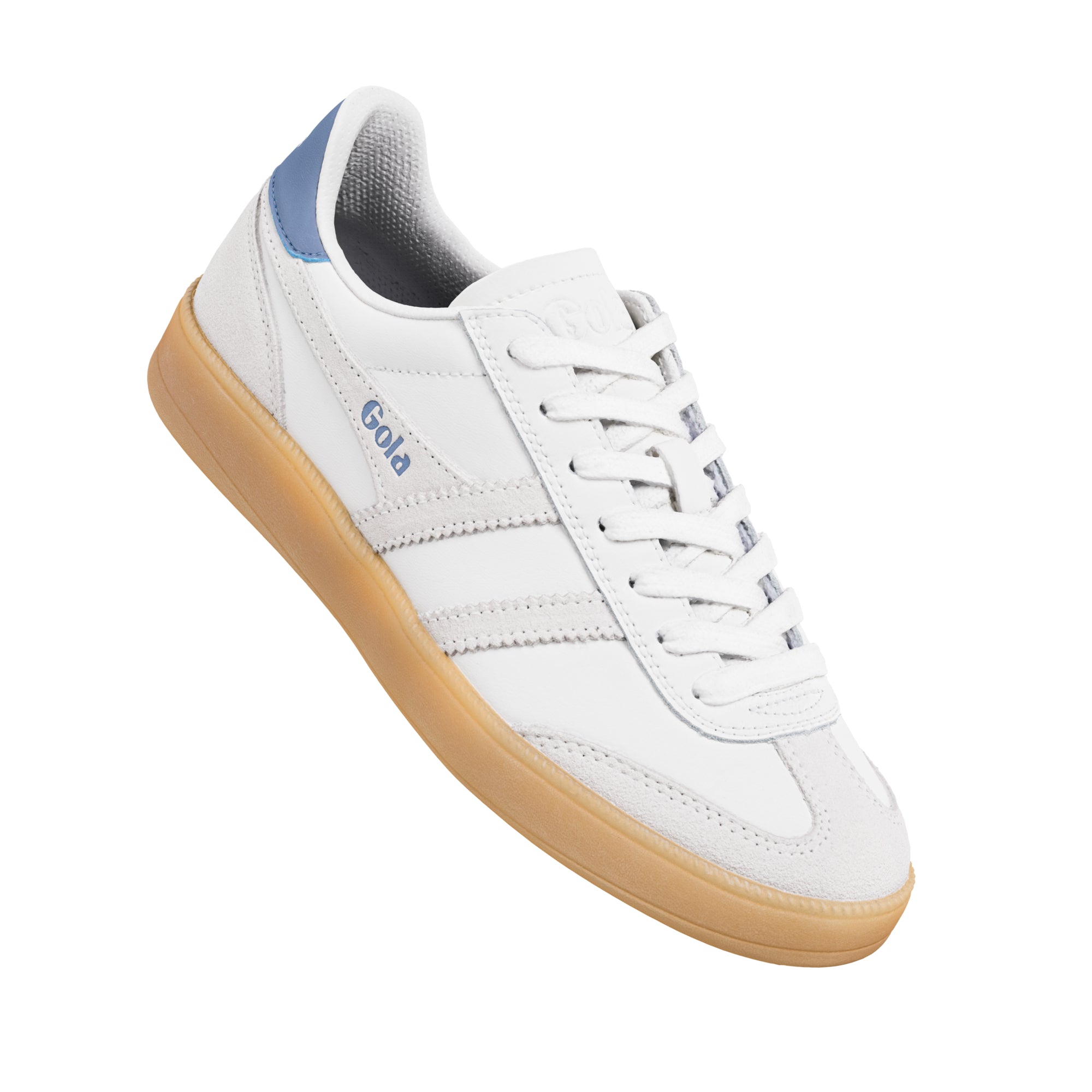 White Gola trainer with suede detailing and gum sole