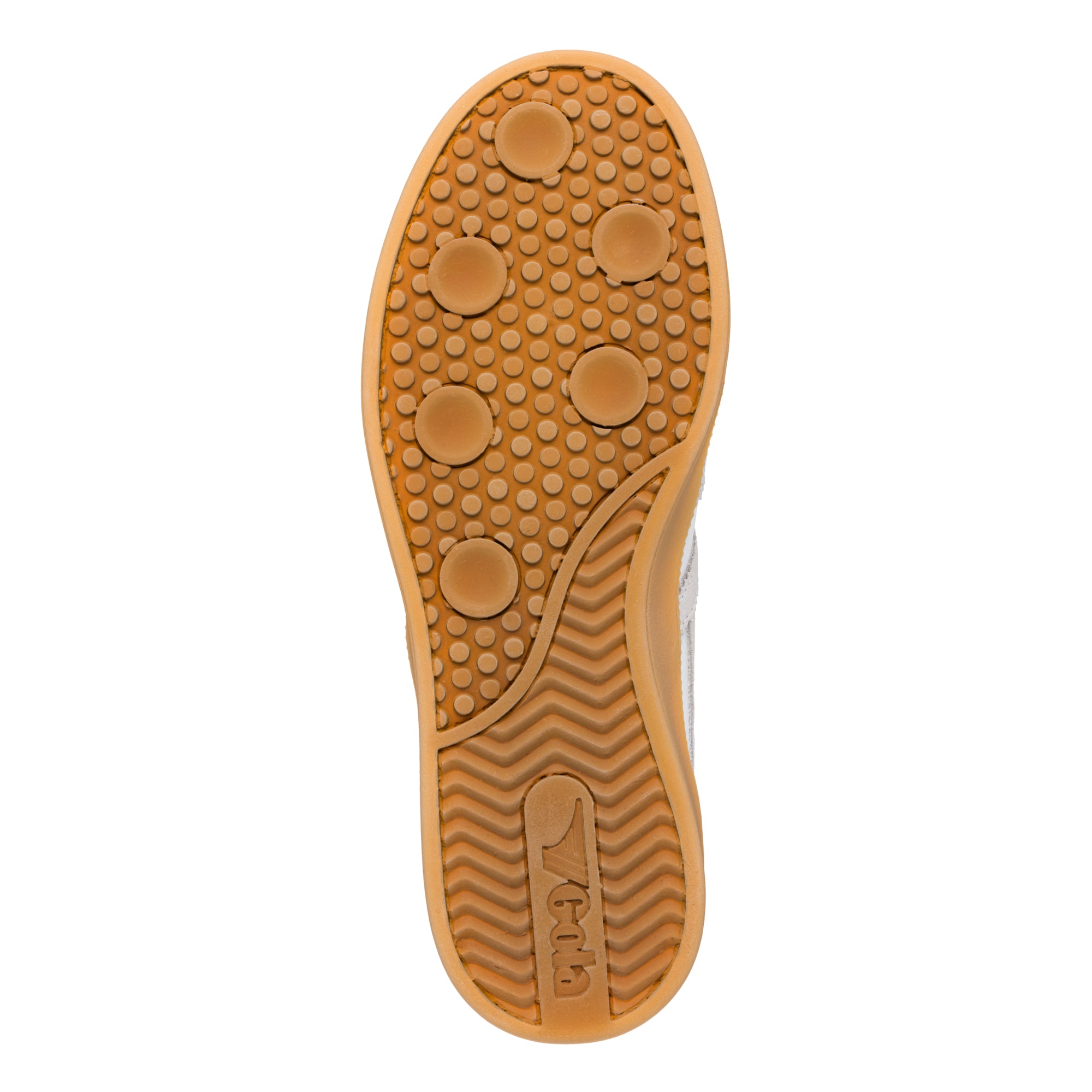 Tan rubber trainer sole with circular grip pattern and Gola branding