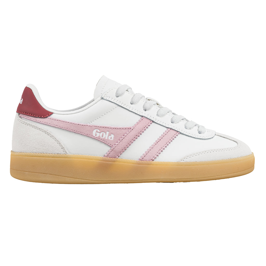 White leather trainer with pink suede side stripes and a gum sole