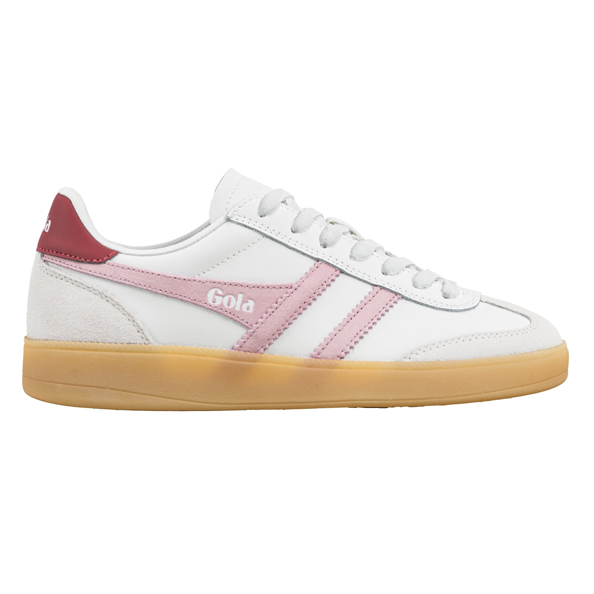 White leather trainer with pink suede side stripes and a gum sole