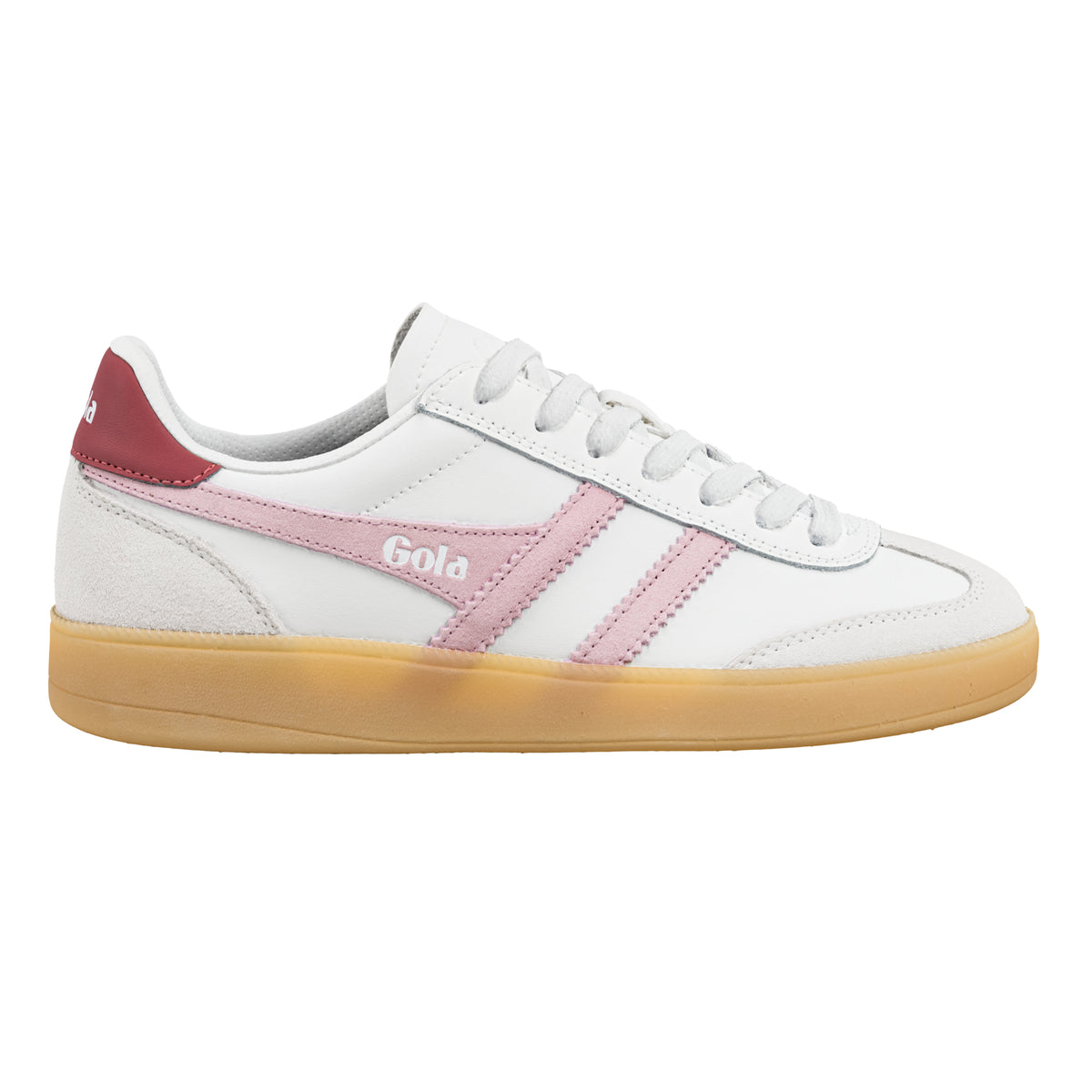 Gola Classics white trainer with pink side stripes and gum sole