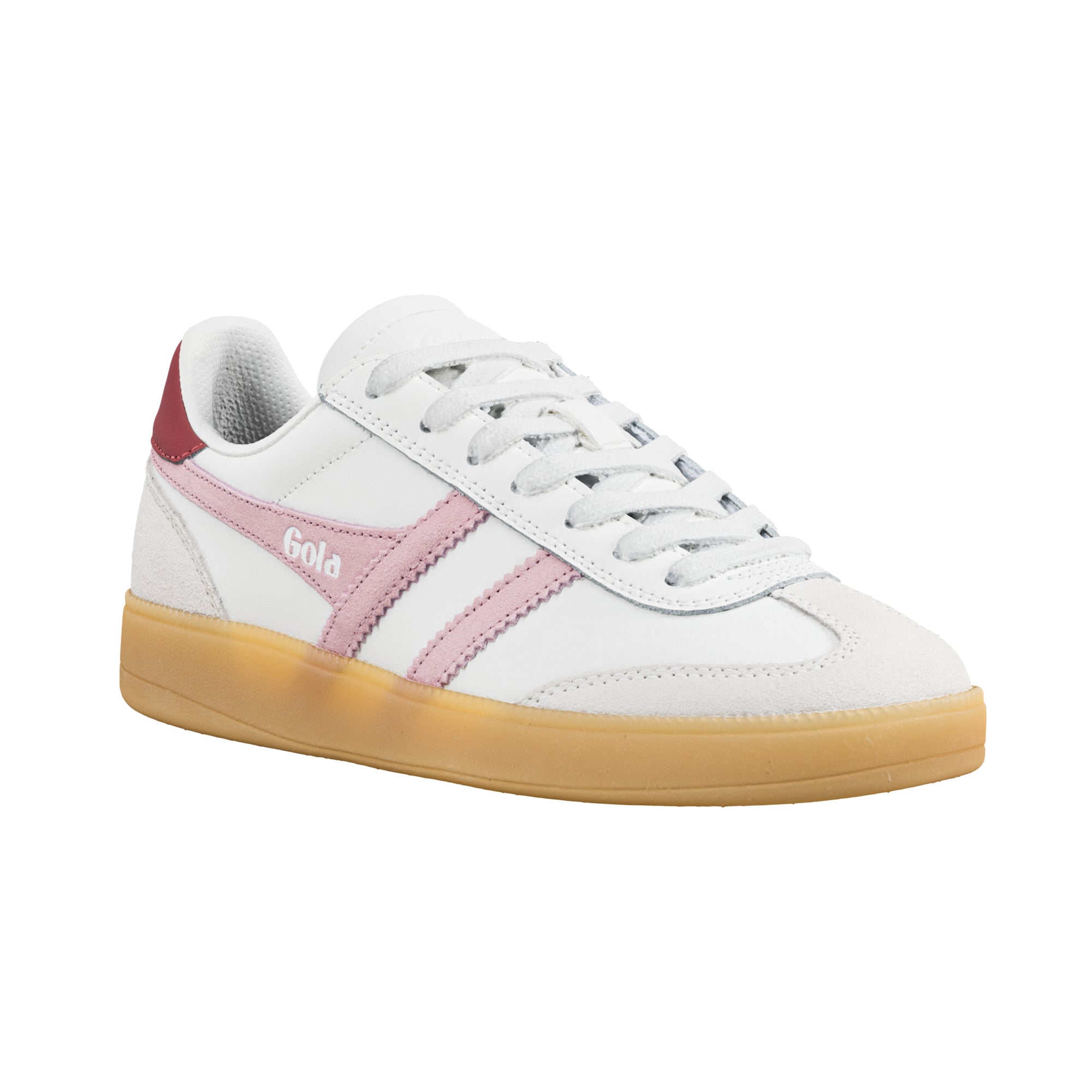 White Gola trainer with pink side stripes and a gum sole