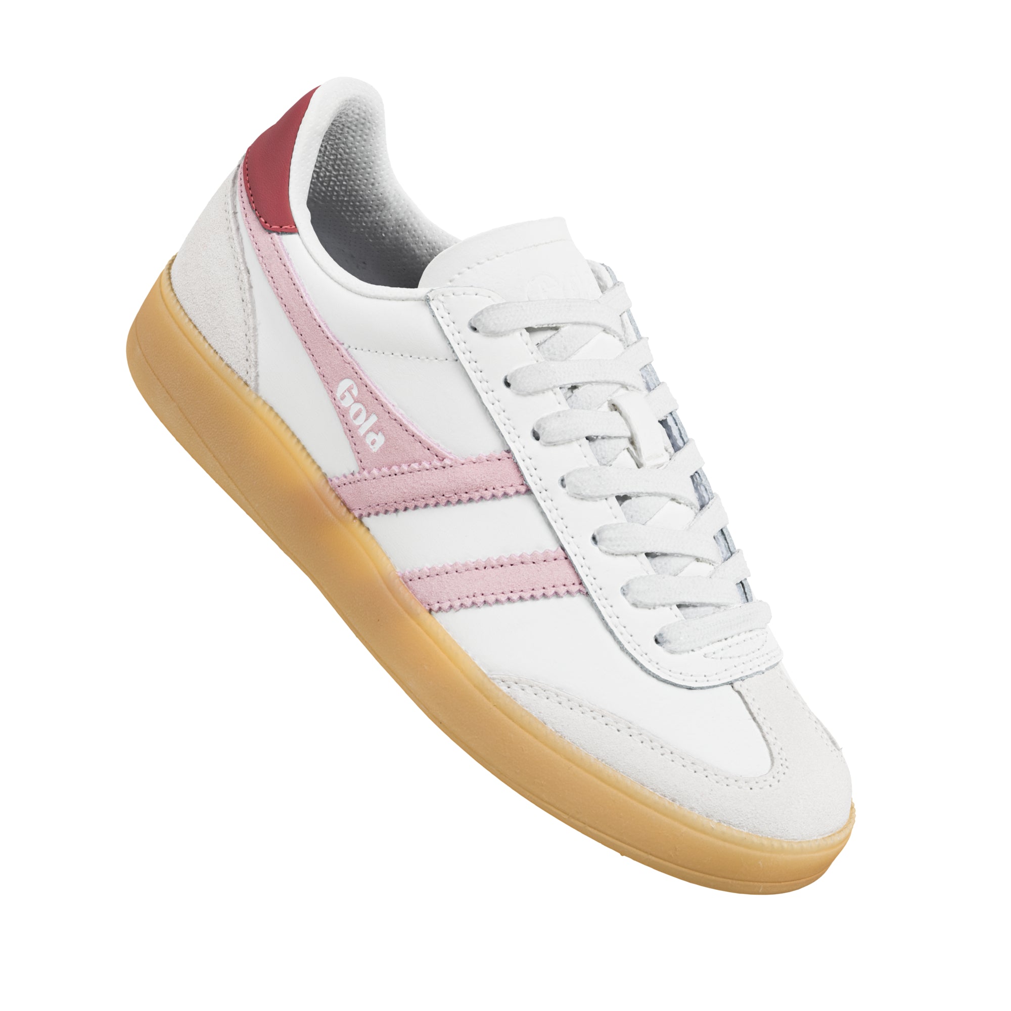 White Gola trainer with pink suede side stripes and a gum rubber sole