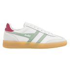 White leather Gola trainer with green suede side stripes and a gum sole