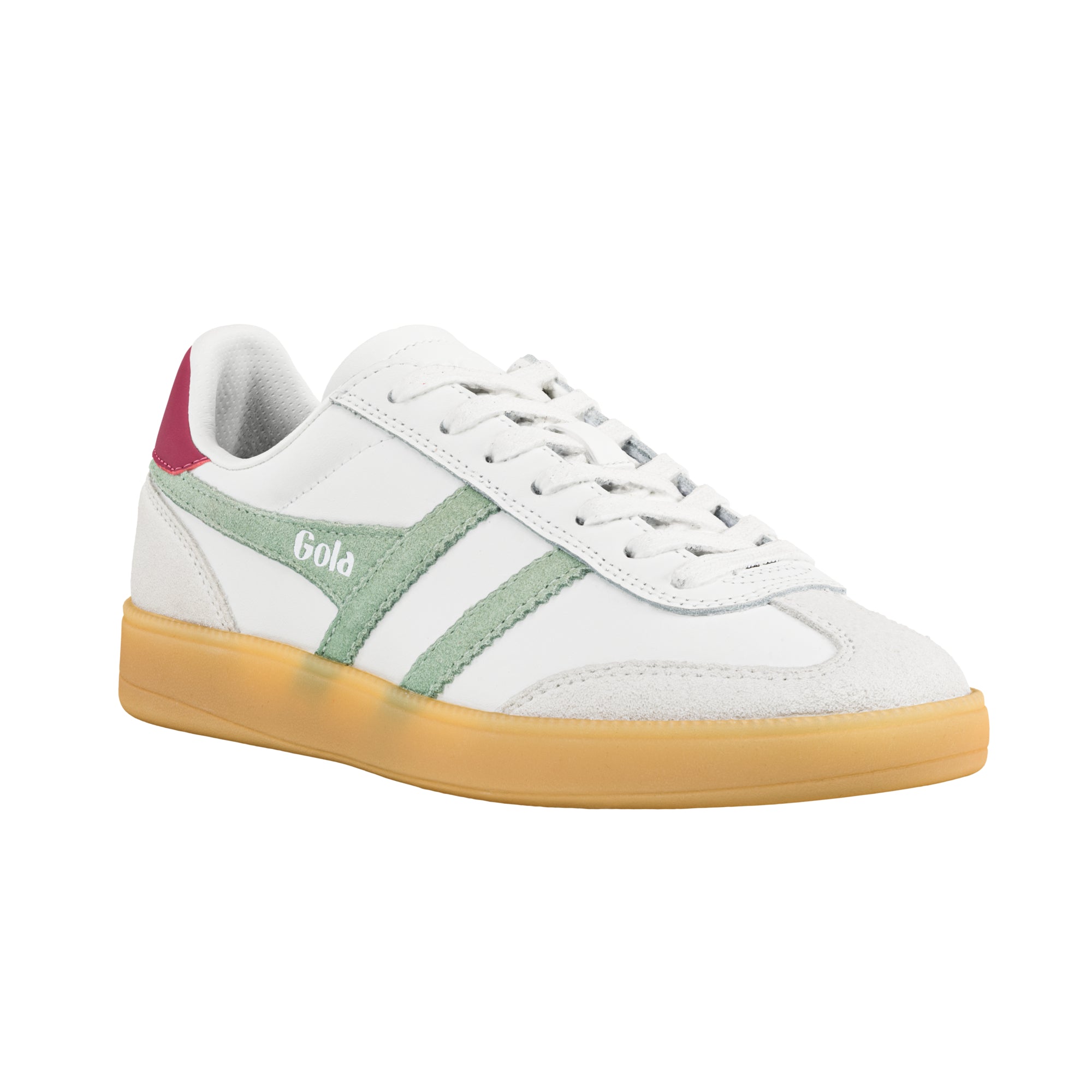 White Gola trainer with green side stripes and a gum sole