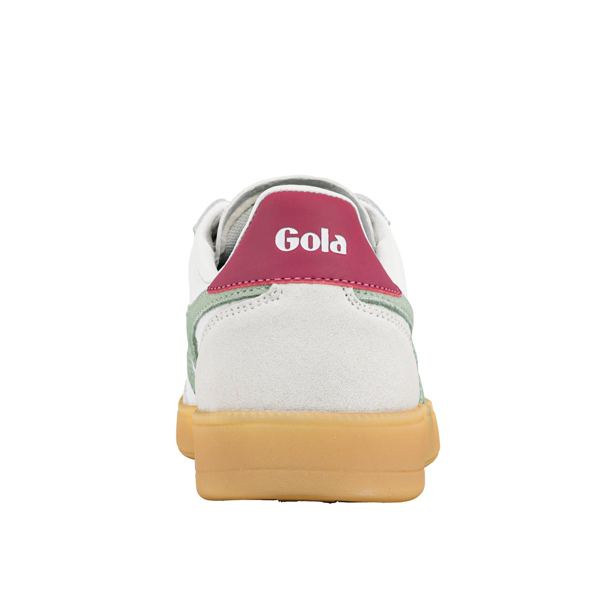Rear view of a white and green Gola trainer with a gum sole