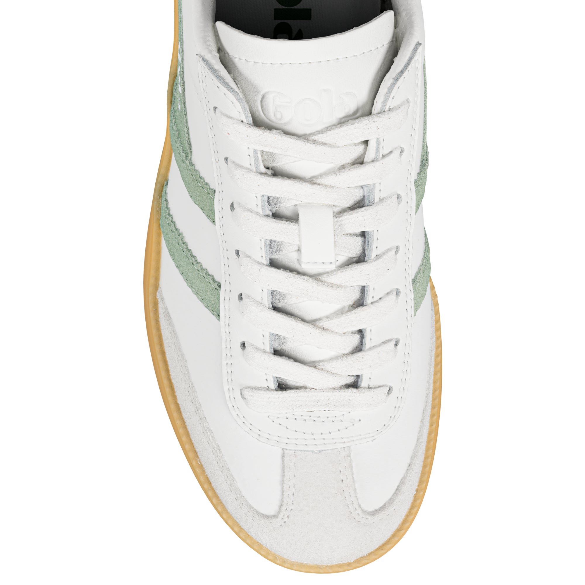 White leather trainer with green side stripes and a gum rubber sole