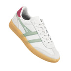 White Gola trainer with green suede stripes and a gum sole