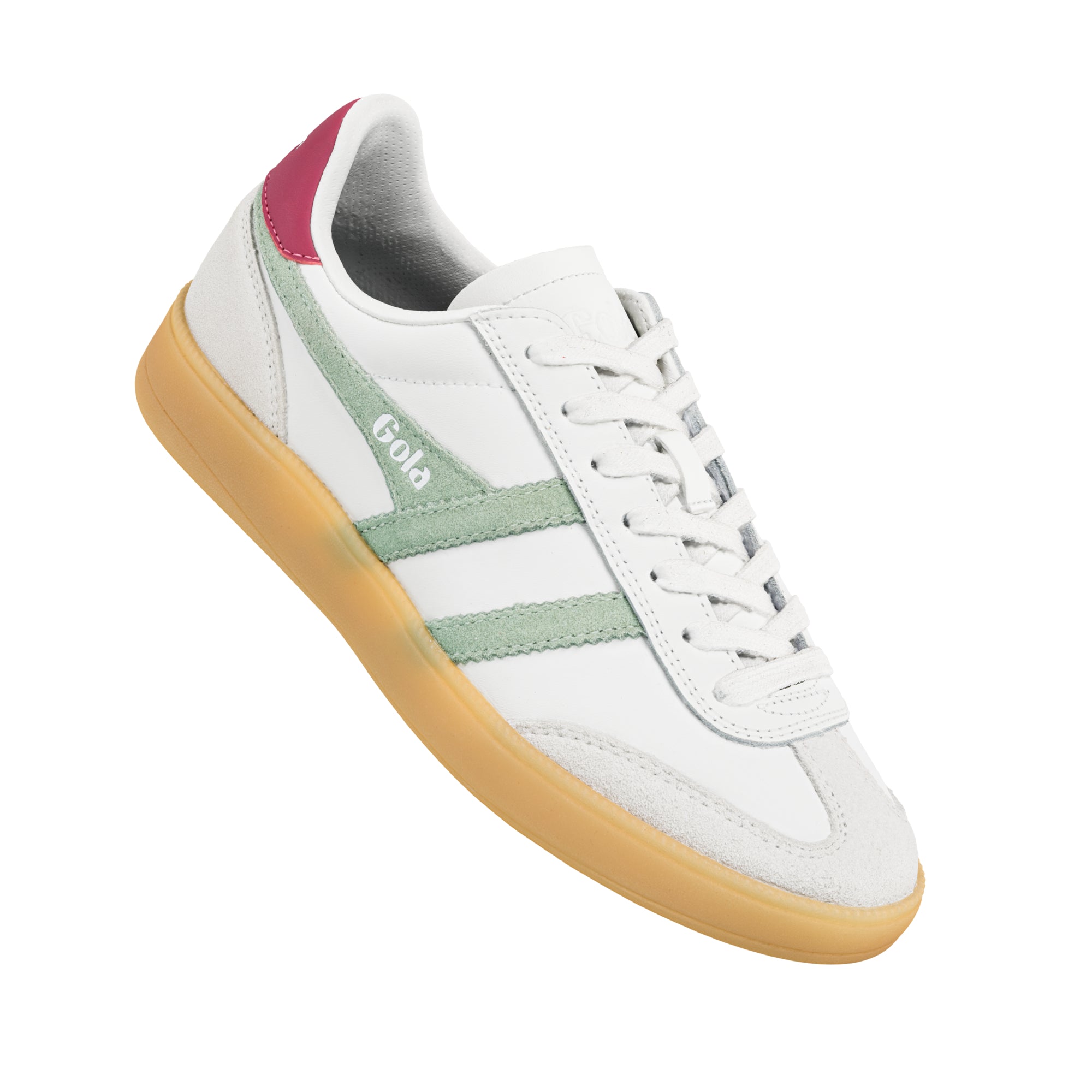 White Gola trainer with green suede stripes and a gum sole