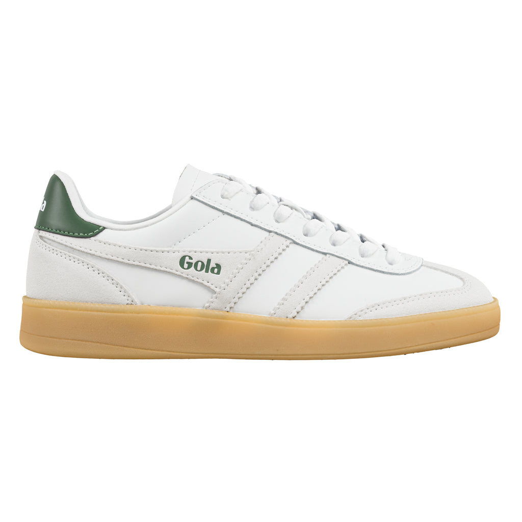 White Gola trainer with green heel tab and gum sole