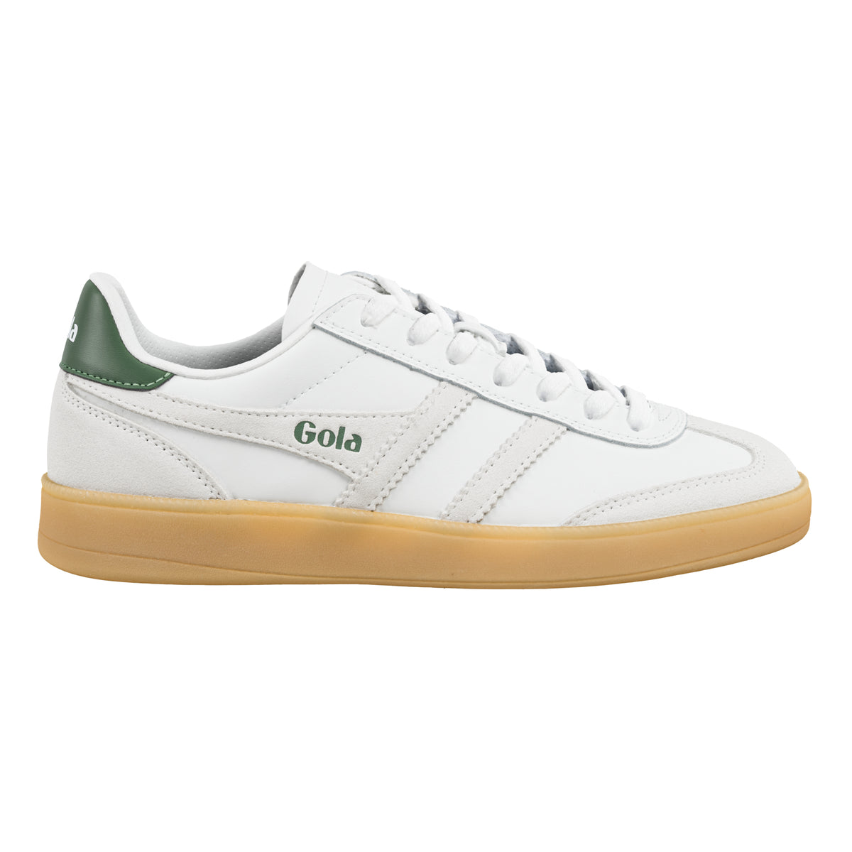 White Gola Classics trainer with green heel tab and gum sole