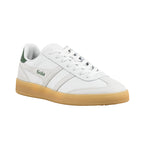 White leather trainer with green heel tab and gum rubber sole